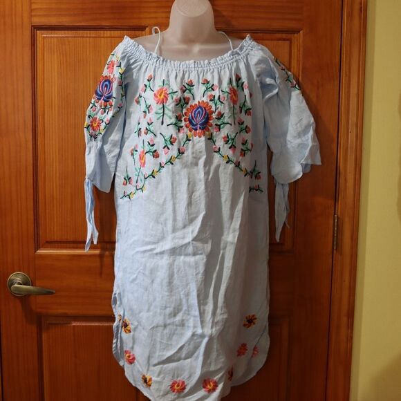 Philosophy Blue Chambray Off-Shoulder Embroidered Floral Dress Medium - Picture 2 of 14